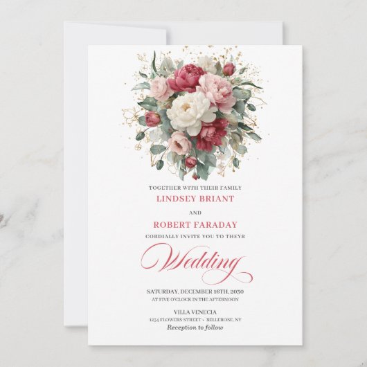 Elegant Boho Ruby Red Blush Greenery Invitation (Devant)