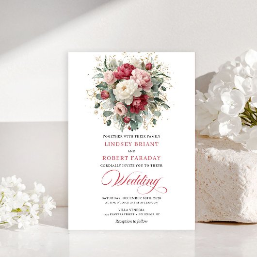 Elegant Boho Ruby Red Blush Greenery Invitation