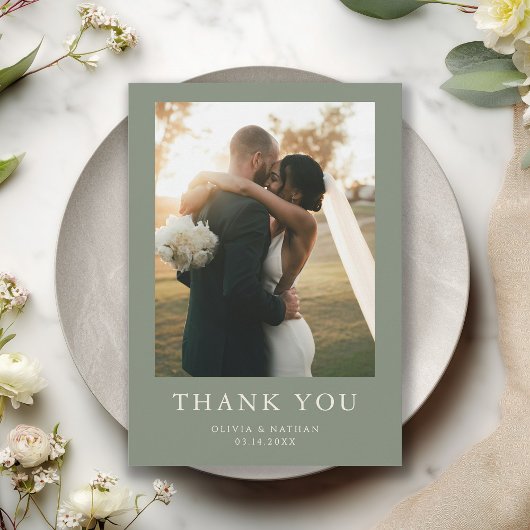 Elegant Boho Sage Green Photo Wedding Bedankkaart