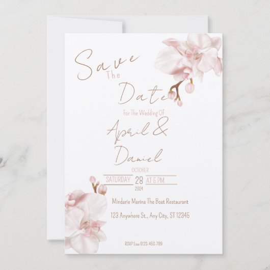 Elegant Boho Save The Date Zachte Roze Orchidee (Voorkant)