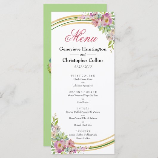 Elégant Boho Spring Floral Gold Reception Menu (Devant / Derrière)