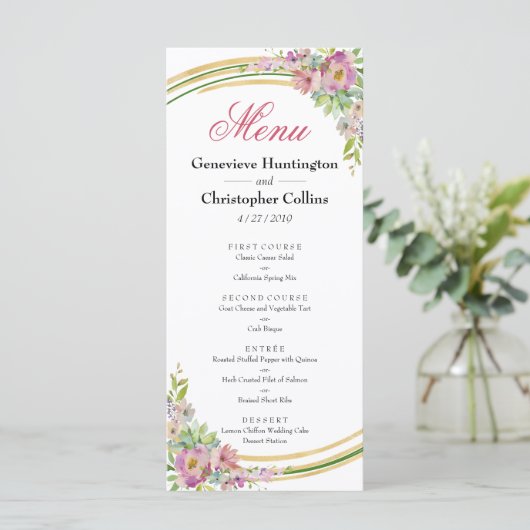 Elégant Boho Spring Floral Gold Reception Menu (Debout devant)