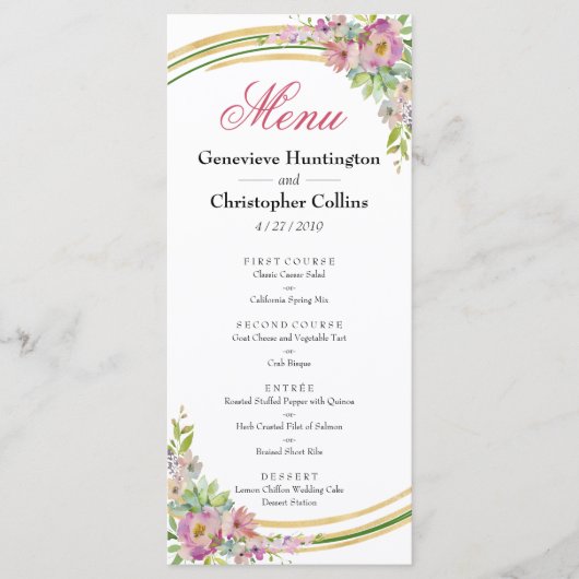 Elégant Boho Spring Floral Gold Reception Menu (Devant)
