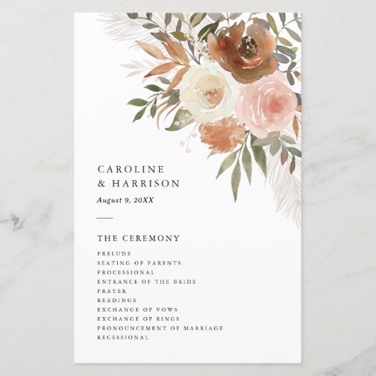 Elegant Boho Terracotta Floral Wedding Programma (Voorkant)