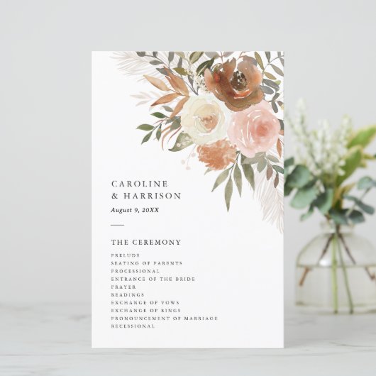 Élégant Boho Terracotta Floral Wedding Programme (Debout devant)