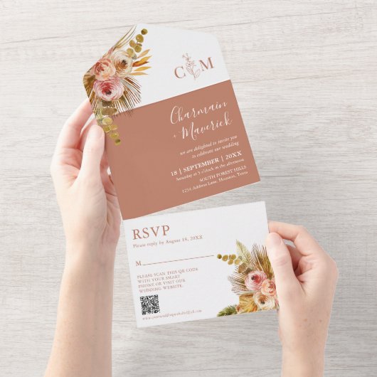Elegant Boho Terracotta Monogram QR Code Bruiloft All In One Uitnodiging (Afscheurbaar)