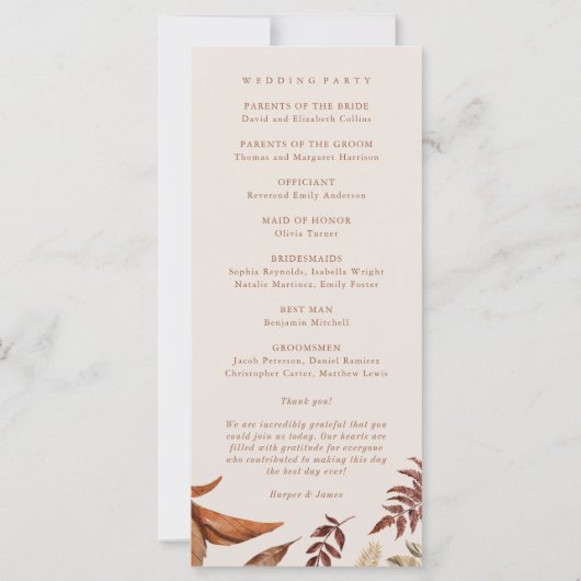 Élégant Boho Terracotta Programme de mariage d'aut (Dos)