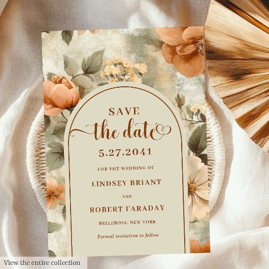 Elegant Boho Terracotta Sage Floral Save The Date Kaart