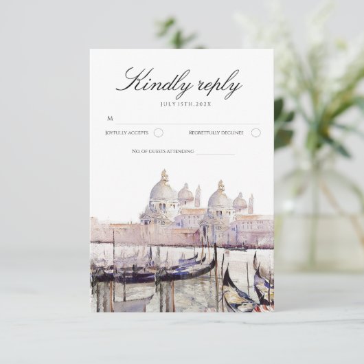 Elegant Boho Waterverf Venetië Script Bruiloft RSVP Kaartje (Staand voorkant)