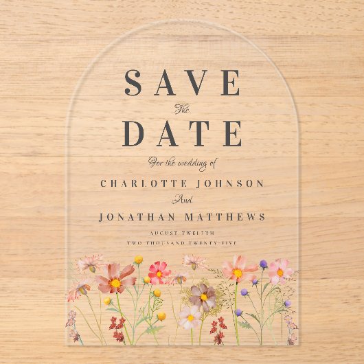 Elegant Boho Wildflower Meadow Wedding Acryl Uitnodigingen (Voorkant)