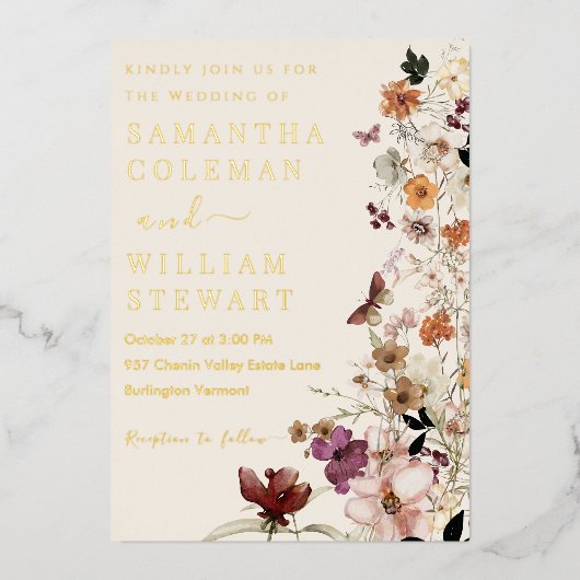 Elegant Boho Wildflower Modern Rustic Wedding Folie Uitnodiging (Voorkant)