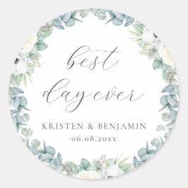 Elegant Boho wit bloemengroen bruiloft gunst Ronde Sticker