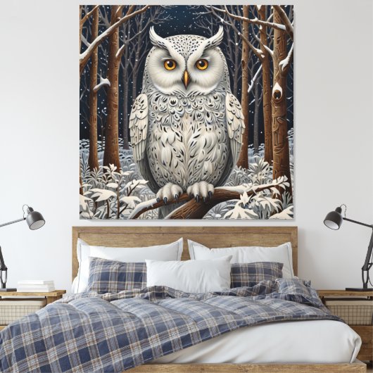 Elegant boho witte uil bos winterbos canvas afdruk (Insitu (Slaapkamer))