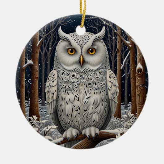 Elegant boho witte uil bos winterbos keramisch ornament (Voorkant)