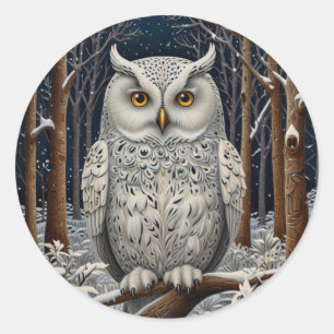Elegant boho witte uil bos winterbos ronde sticker