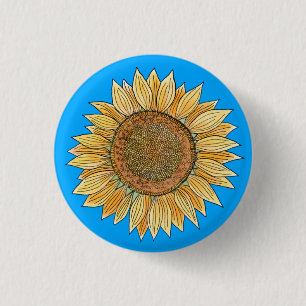 Elegant Boho Yellow en Blue Waterverf Sunflower Ronde Button 3,2 Cm