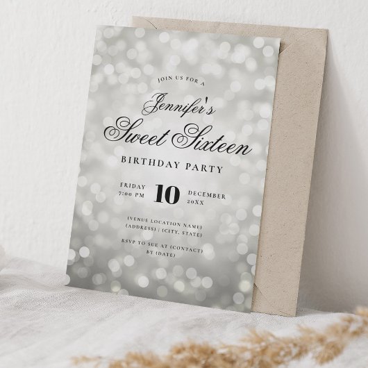 Elegant Bokeh Lights Formal Script Sweet 16 Silver Kaart