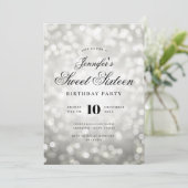 Elegant Bokeh Lights Formal Script Sweet 16 Silver Kaart (Staand voorkant)
