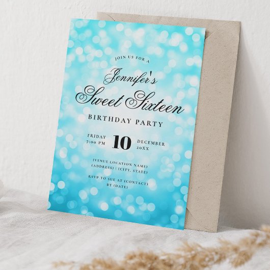 Elegant Bokeh Script Sweet 16 Party Turquoise Kaart