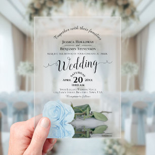 Elegant Bord Blauw Roos Lacy Calligrafie Wedding Acryl Uitnodigingen
