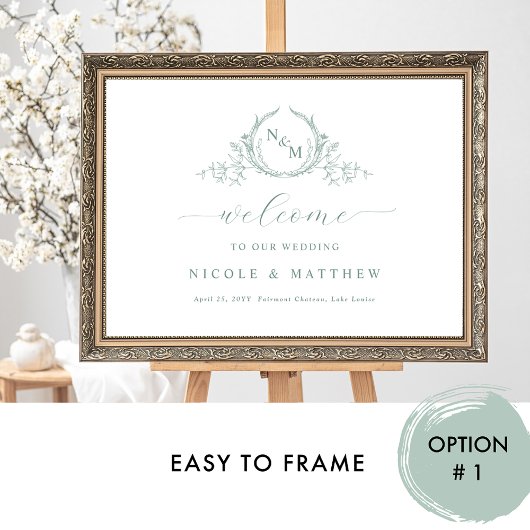 Elegant Bord Groen Monogram Huwelijk Welkom Teken Poster