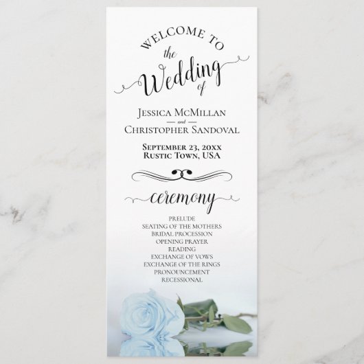 Elegant Bord Stoffig Blauw Roos Romantisch Bruilof Programma (Voorkant)