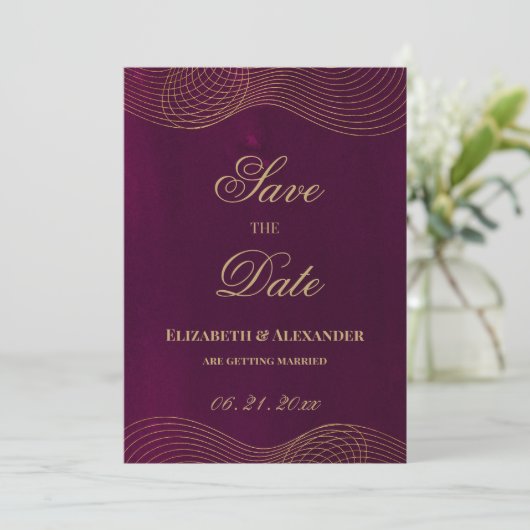 Elegant bordeaux goud geometrisch Save the Date Kaart (Staand voorkant)