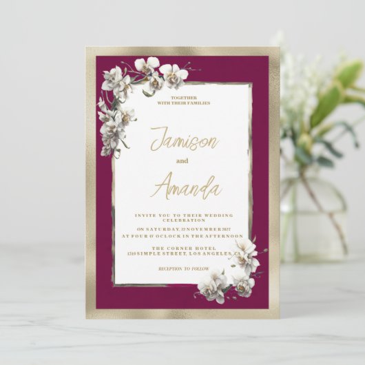 Elegant bordeaux goud wit orchidee bloemenbruiloft kaart (Staand voorkant)