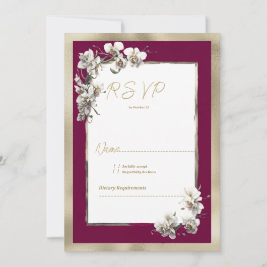 Elegant bordeaux goud wit orchidee bloemenrsvp kaart (Voorkant)