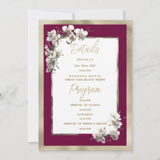 Elegant bordeaux goud wit orchidee Details Program Kaart (Voorkant)