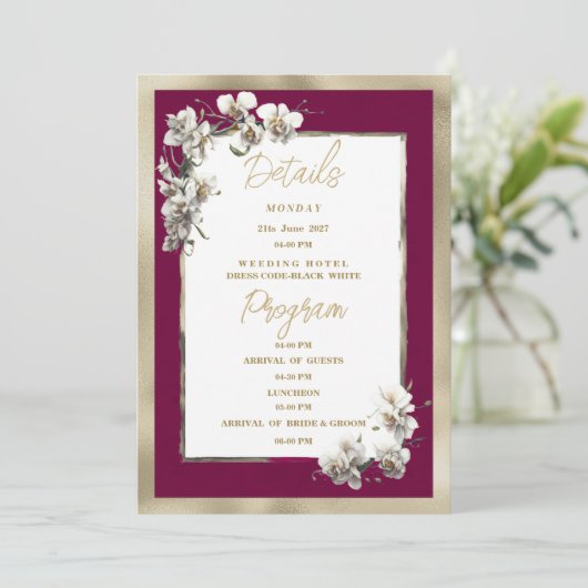 Elegant bordeaux goud wit orchidee Details Program Kaart (Staand voorkant)