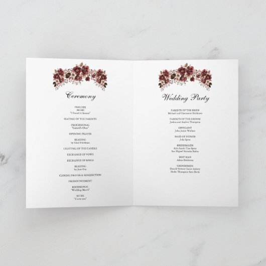 Elegant bordeaux roos en floral design Trouwen Programma (Binnen)