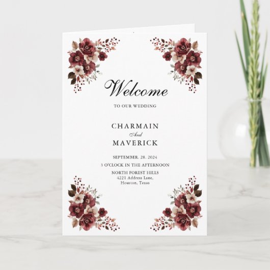 Elegant bordeaux roos en floral design Trouwen Programma (Voorkant)