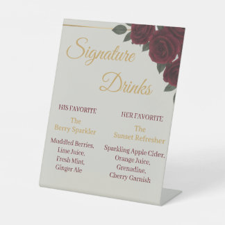 Elegant bordeauxrood bloemmotief & gouden signatur reclamebord met voetstuk