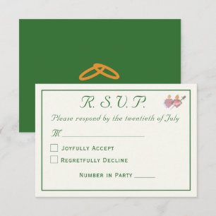Elegant bosgroene twee harten katholieke bruiloft RSVP kaartje