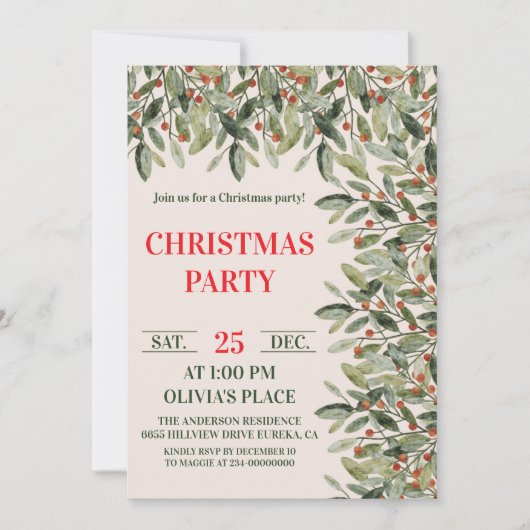 Elegant Botanical Christmas Party Invitation (Devant)