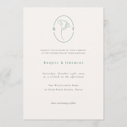 Elegant Botanical Emerald Monogram Wedding Kaart (Voorkant)