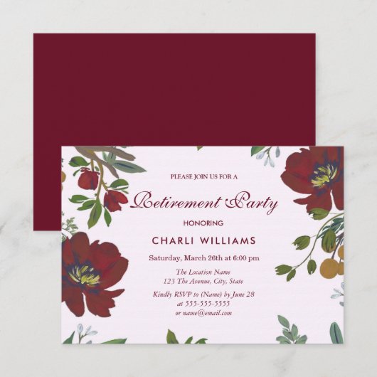 Elegant Botanical Floral Retirement Party Invite Kaart (Voorkant / Achterkant)