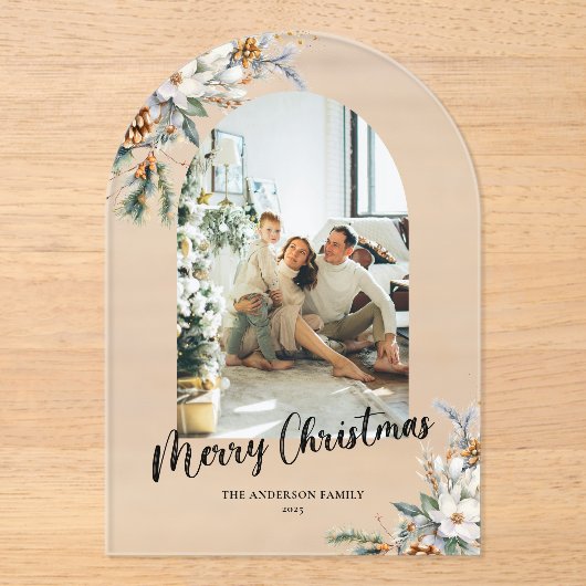 Elegant Botanical Greenery Arch Christmas Card Acryl Uitnodigingen (Voorkant)
