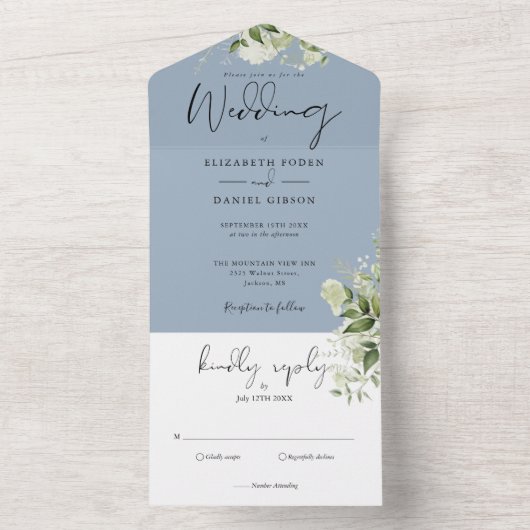 Elegant Botanical Greenery Dusty Blue Wedding All In One Uitnodiging (Binnen)