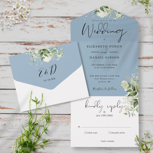 Elegant Botanical Greenery Dusty Blue Wedding All In One Uitnodiging