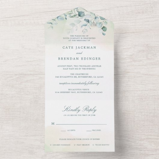 Elegant Botanical Greenery Eucalyptus Wedding All In One Uitnodiging (Binnen)