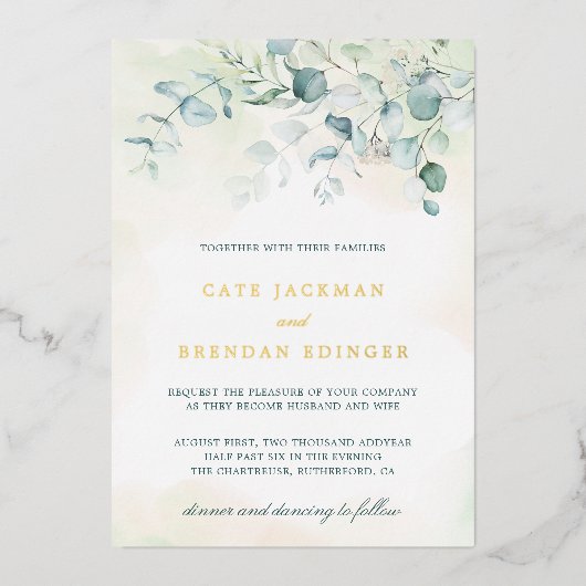 Elegant Botanical Greenery Eucalyptus Wedding Gold Folie Uitnodiging (Voorkant)