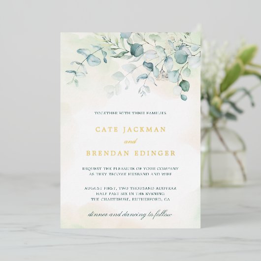 Elegant Botanical Greenery Eucalyptus Wedding Gold Folie Uitnodiging (Staand Voorkant)