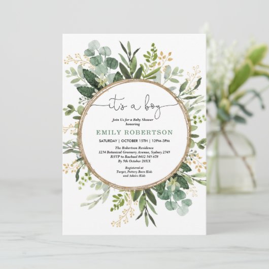 Elegant Botanical Greenery Gold Boy Baby shower Kaart (Staand voorkant)