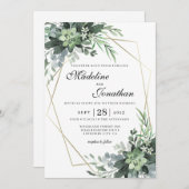 Elegant Botanical Greenery Gold Geometric Wedding Kaart (Voorkant / Achterkant)
