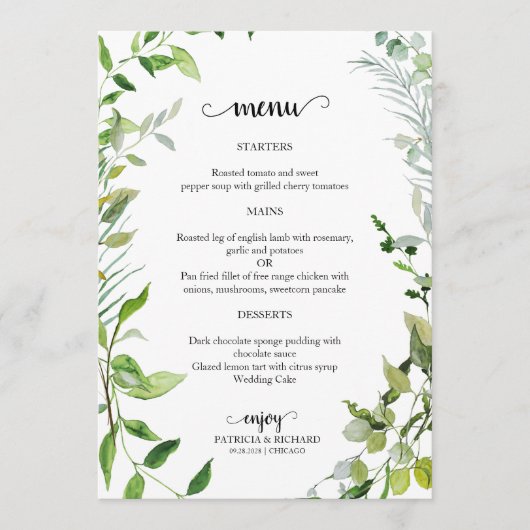 Elégant Botanical Greenery Mariage Menu Mariage (Devant)