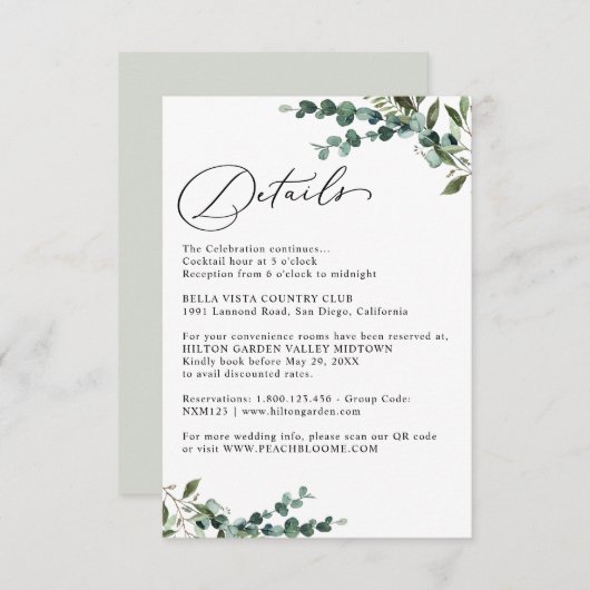 Elegant Botanical Greenery Wedding Details Informatiekaartje (Voorkant / Achterkant)