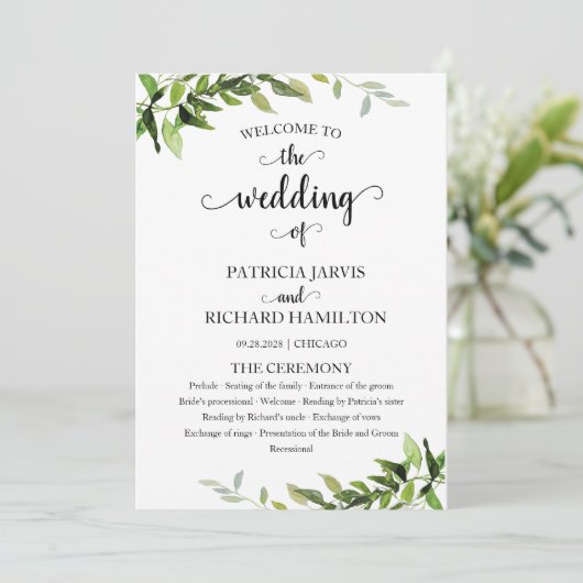 Elegant Botanical Greenery Wedding Programme Programma (Staand voorkant)