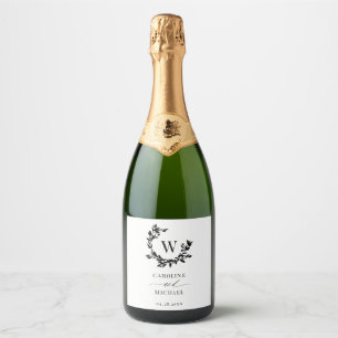 Elegant Botanical Initiaal Monogram Weddenschap Sparkling Wijnetiket
